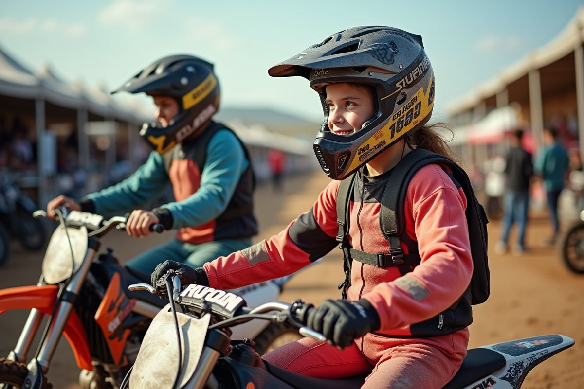 Jeune femme motocross discutant avec un autre rider dans le paddock