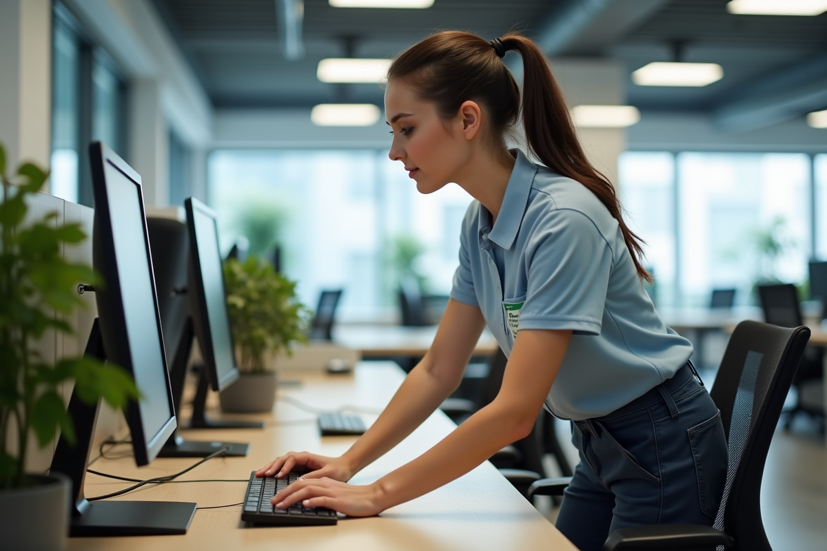 Jeune femme désinfectant un poste de travail au bureau