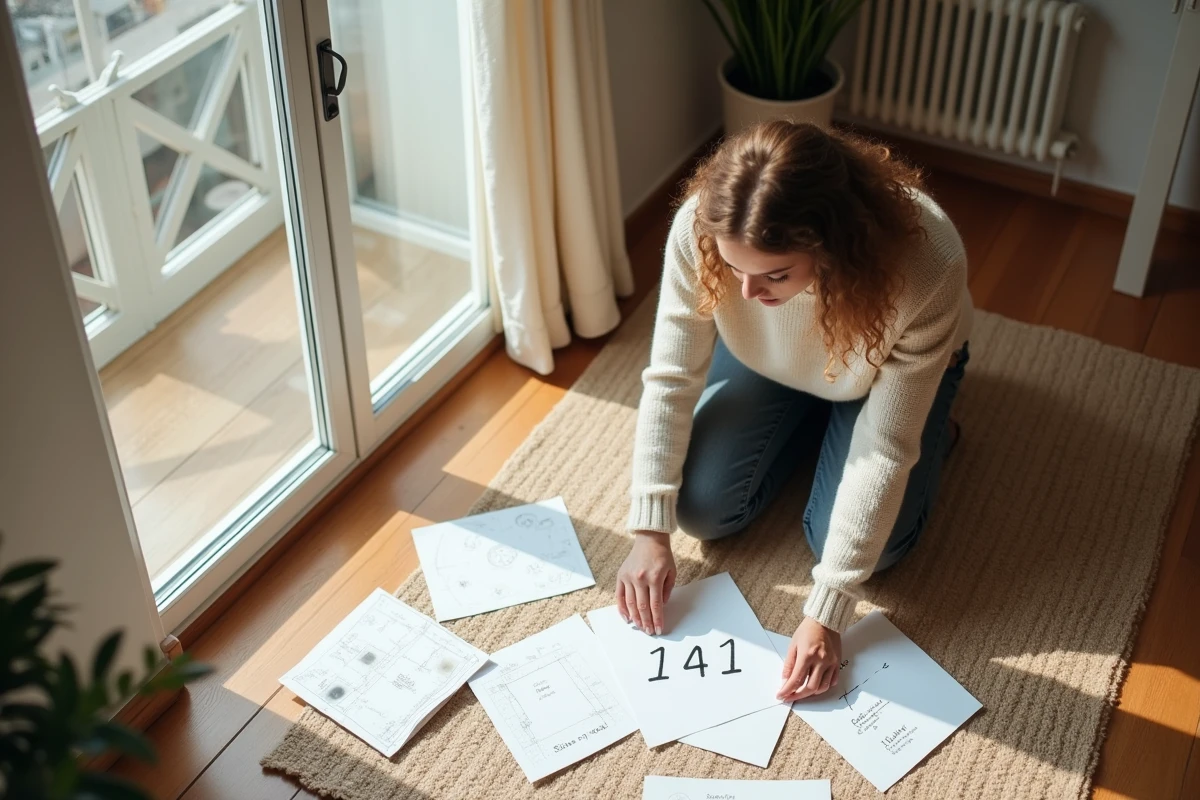 Jeune femme étudiant des notes manuscrites avec le nombre 1441 sur un sol en bois dans un appartement minimaliste
