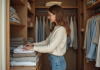 Garde-robe : pourquoi bien l’organiser pour gagner de l’espace ? Jeune femme arrangeant des vêtements dans un dressing moderne