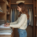 Garde-robe : pourquoi bien l’organiser pour gagner de l’espace ? Jeune femme arrangeant des vêtements dans un dressing moderne