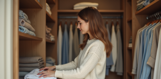 Garde-robe : pourquoi bien l’organiser pour gagner de l’espace ? Jeune femme arrangeant des vêtements dans un dressing moderne