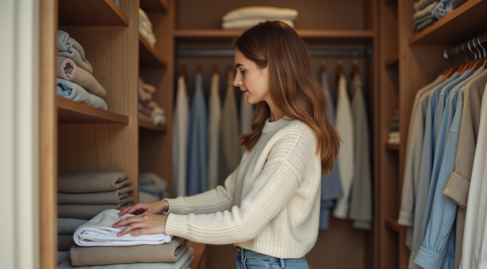 Garde-robe : pourquoi bien l’organiser pour gagner de l’espace ? Jeune femme arrangeant des vêtements dans un dressing moderne