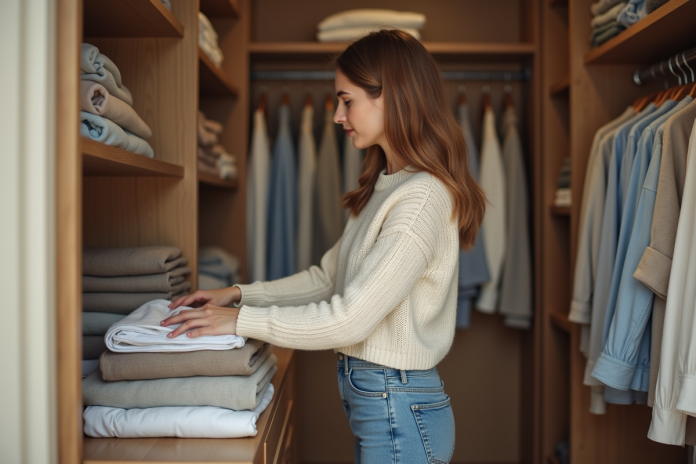 jeune-femme-organisation-placard Jeune femme arrangeant des vêtements dans un dressing moderne