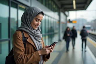 Jeune femme en hijab vérifiant les prières sur smartphone
