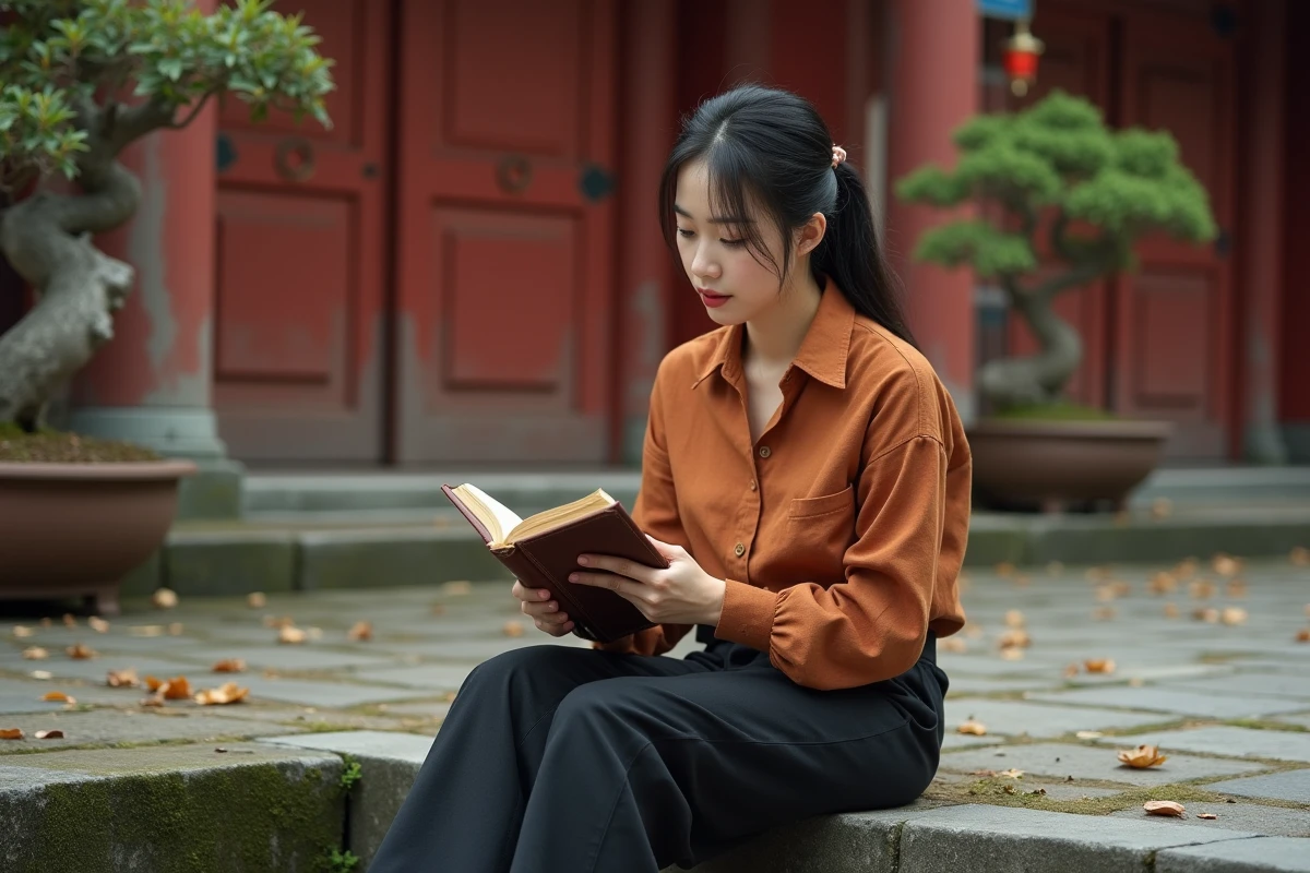 Jeune femme asiatique lisant un recueil de proverbes chinois sur les marches d'un temple ancien, entourée de bonsaïs et de feuilles d'automne