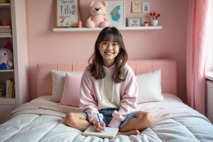 Jeune fille de 15 ans dessinant dans sa chambre pastel