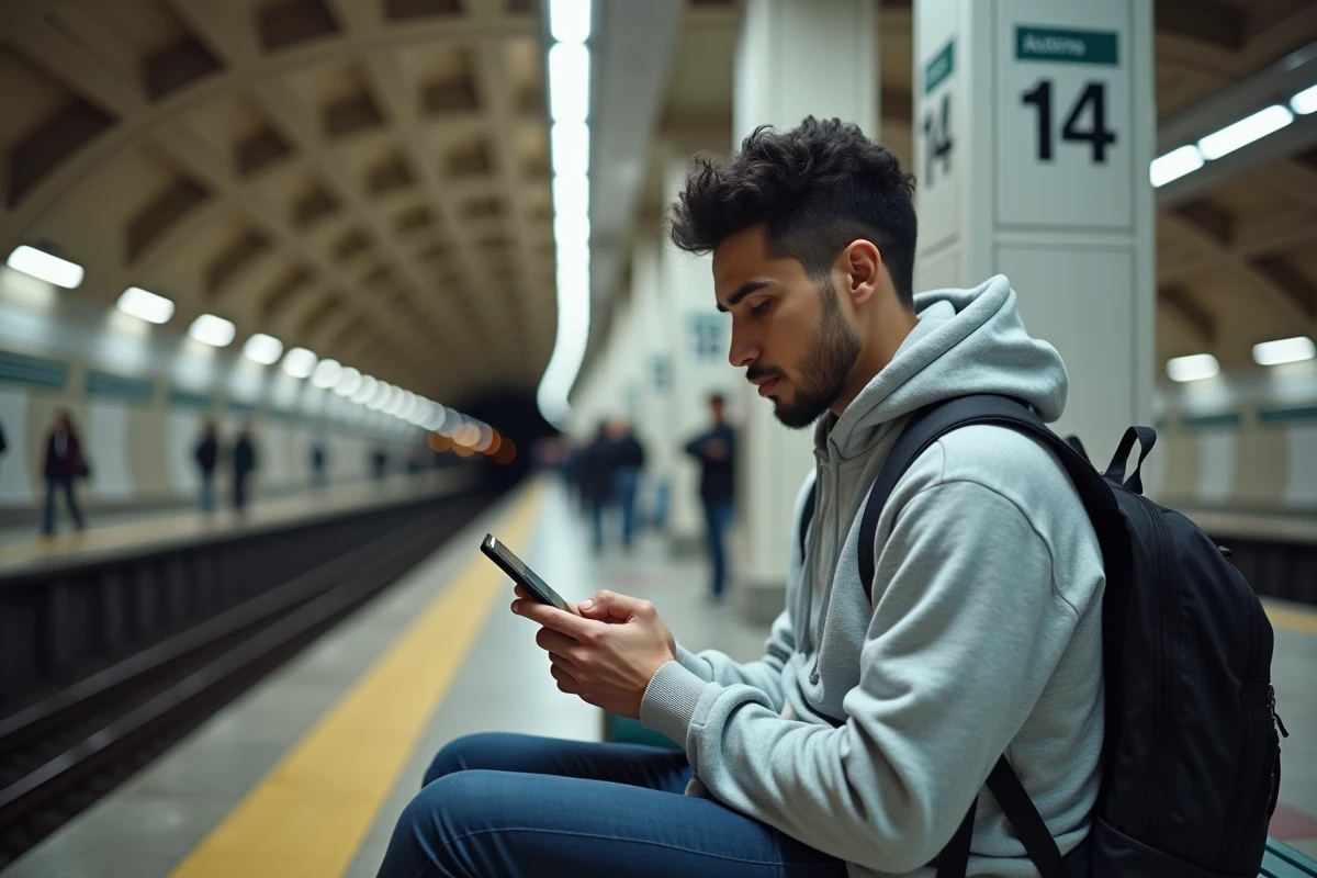 Jeune homme consultant son téléphone sur un banc du métro ligne 14 à Paris