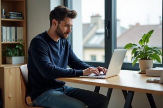 Jeune homme en bureau à domicile travaillant sur son ordinateur portable