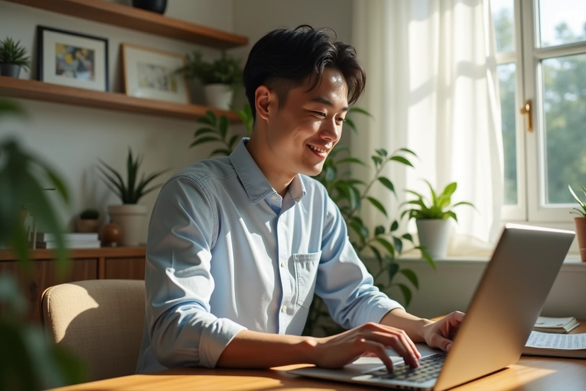 Jeune homme travaillant sur son laptop dans un bureau lumineux