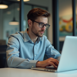 Jeune homme au bureau travaillant sur son ordinateur