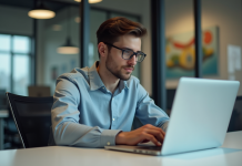 Jeune homme au bureau travaillant sur son ordinateur