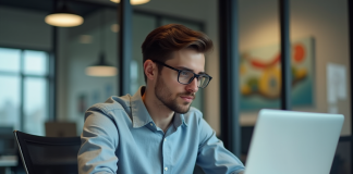 Jeune homme au bureau travaillant sur son ordinateur
