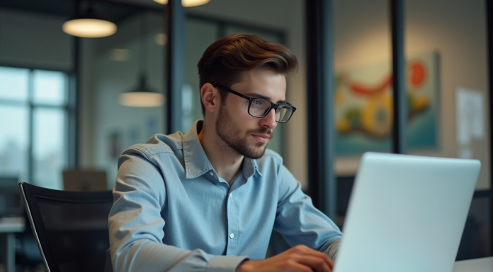 Jeune homme au bureau travaillant sur son ordinateur