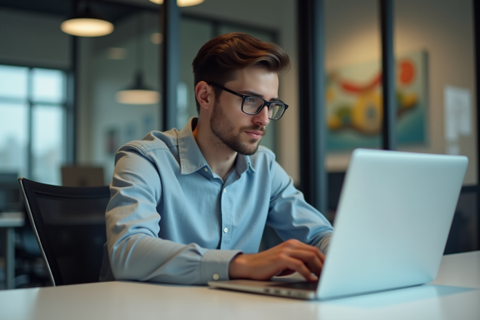 Jeune homme au bureau travaillant sur son ordinateur
