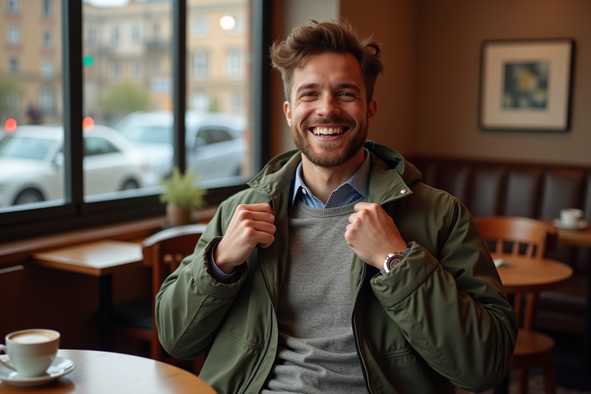 Jeune homme dans un café en automne souriant