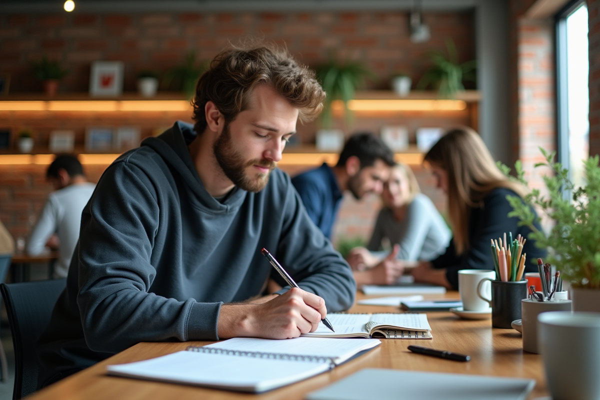 Jeune homme esquissant des idées avec collègues