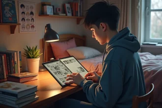 Jeune homme lisant manga sur tablette dans sa chambre
