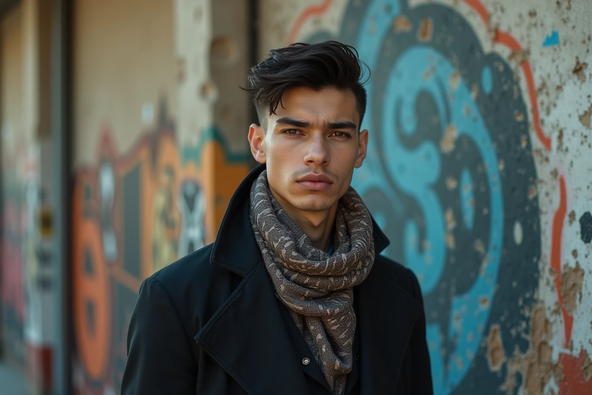 Jeune homme avec foulard devant un mur graffiti urbain
