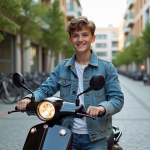 Jeune garçon souriant avec scooter en ville dynamique