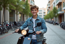 Les atouts d’un scooter 50 cc neuf à prix abordable pour les jeunes conducteurs Jeune garçon souriant avec scooter en ville dynamique