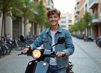 Jeune garçon souriant avec scooter en ville dynamique