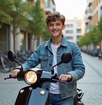 Les atouts d’un scooter 50 cc neuf à prix abordable pour les jeunes conducteurs Jeune garçon souriant avec scooter en ville dynamique