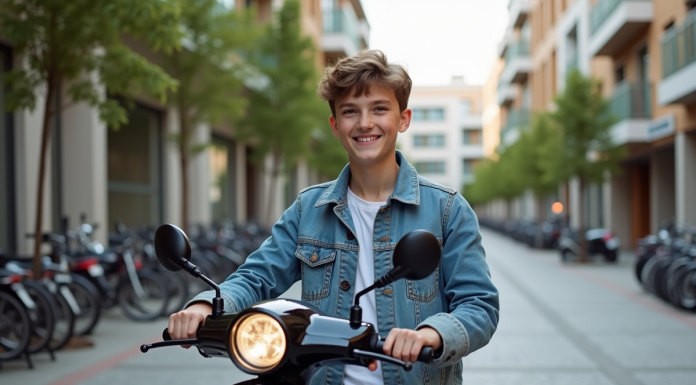 Jeune garçon souriant avec scooter en ville dynamique