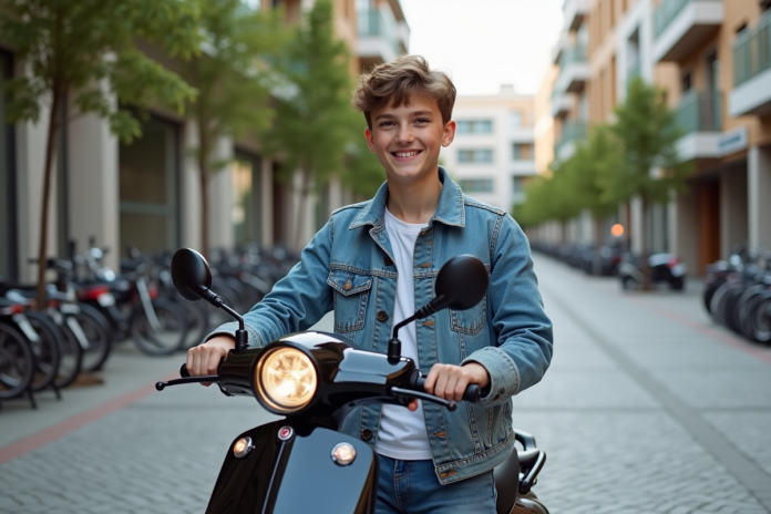 jeune-homme-scooter-urbain Jeune garçon souriant avec scooter en ville dynamique