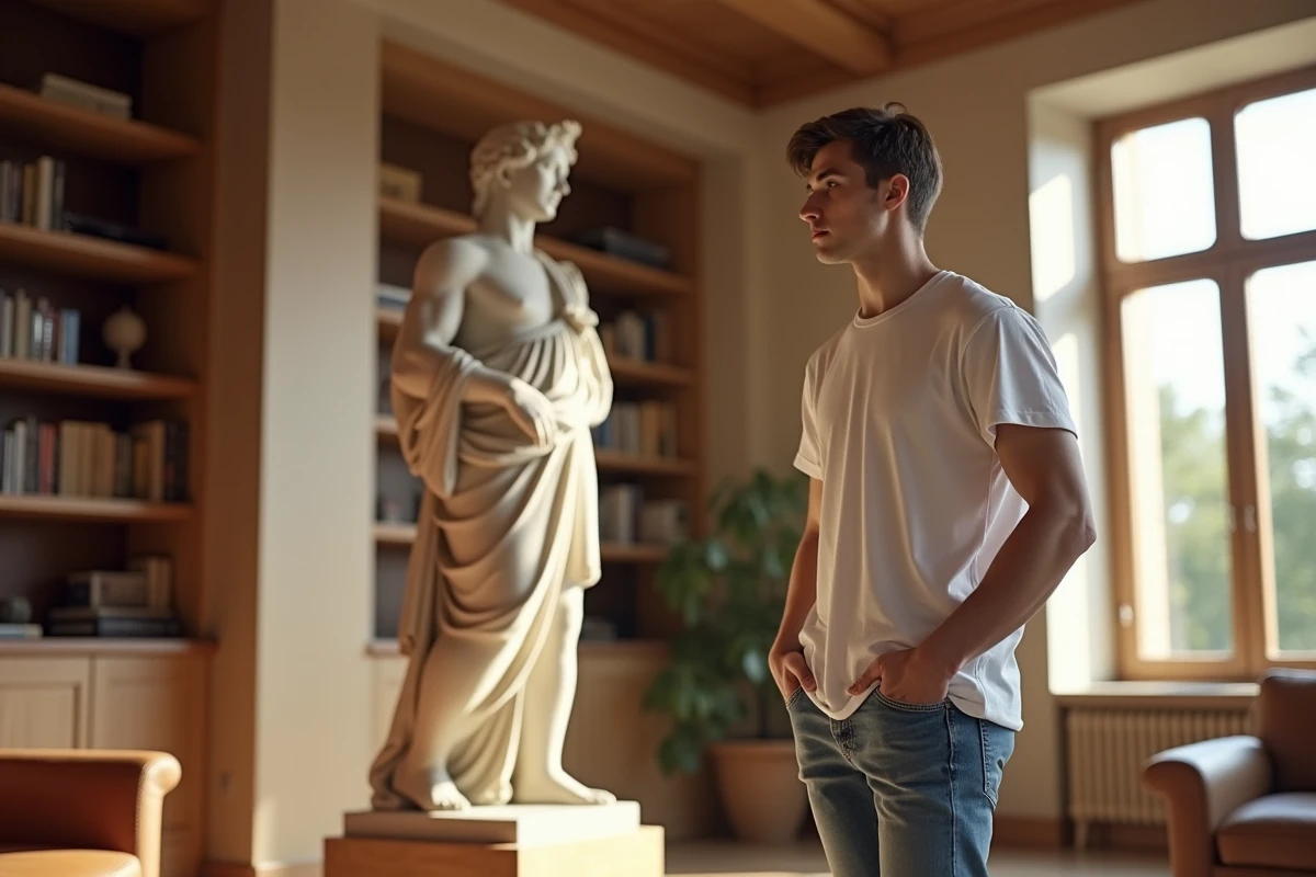 Jeune homme regardant une statue grecque dans un bureau