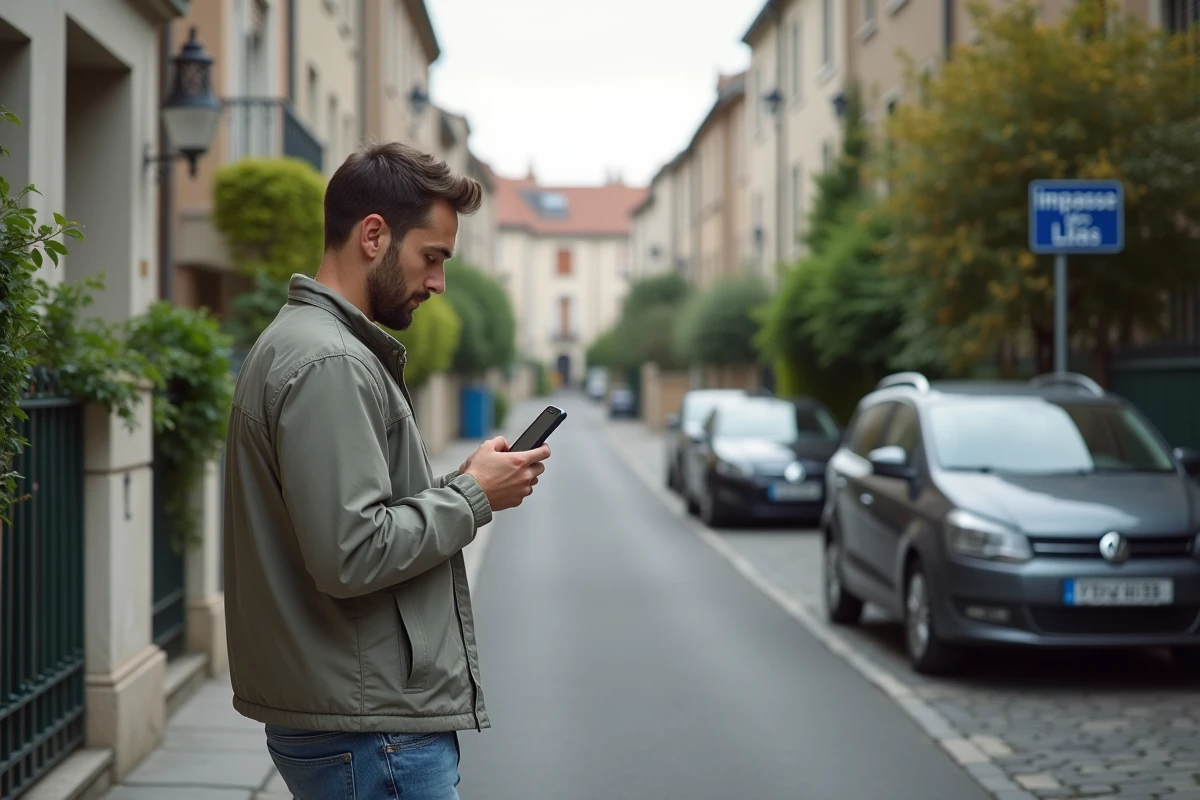 Jeune homme v&eacute;rifie son smartphone dans une rue r&eacute;sidentielle