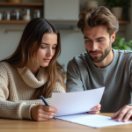 Deux jeunes adultes discutent d'un contrat de location dans une cuisine lumineuse