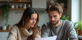 Deux jeunes adultes discutent d'un contrat de location dans une cuisine lumineuse