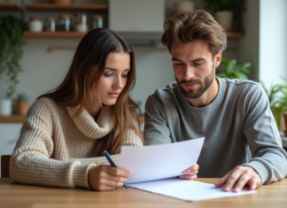 Deux jeunes adultes discutent d'un contrat de location dans une cuisine lumineuse