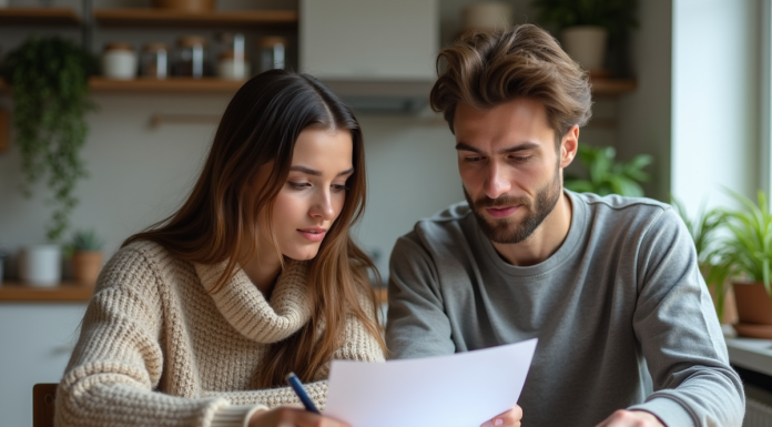 Deux jeunes adultes discutent d'un contrat de location dans une cuisine lumineuse