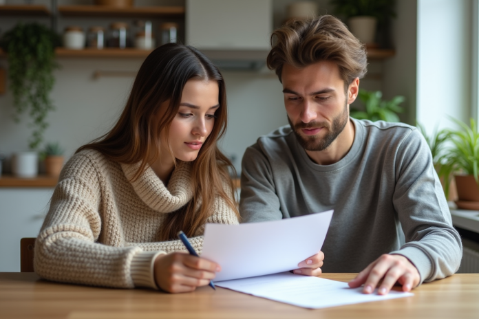 jeunes-adultes-contrat-location Deux jeunes adultes discutent d'un contrat de location dans une cuisine lumineuse