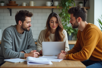 Trois jeunes adultes discutent de documents fiscaux à la maison