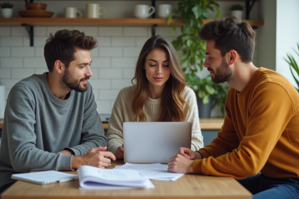 Trois jeunes adultes discutent de documents fiscaux à la maison