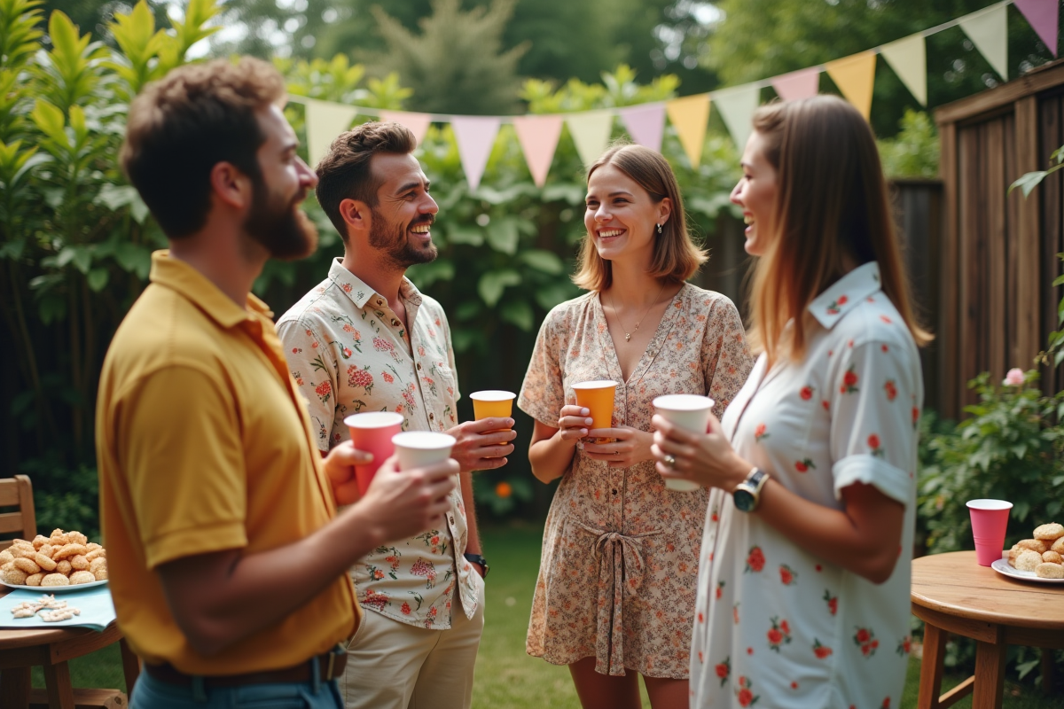 Jeunes adultes en fête dans un jardin verdoyant