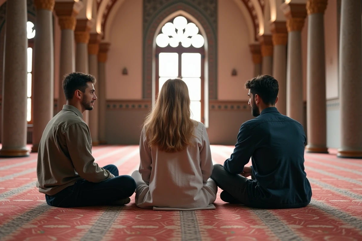 Jeunes discutant dans la salle de priere de la mosquee de Strasbourg