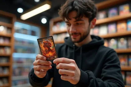Joueur tenant une carte Méga Évolution flamme holographique dans une boutique de jeux de cartes à collectionner
