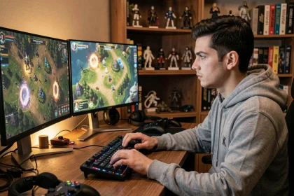Joueur de Dofus concentré devant ses écrans affichant une carte de portails MMORPG dans un bureau gaming cosy