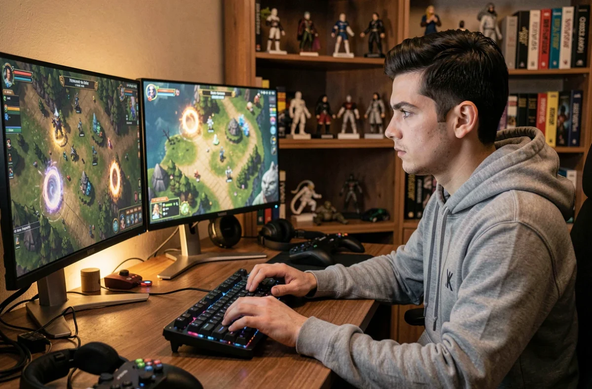 Joueur de Dofus concentré devant ses écrans affichant une carte de portails MMORPG dans un bureau gaming cosy