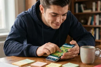 Joueur concentré sur son smartphone jouant à Monopoly Go Tycoon Club à son bureau à domicile