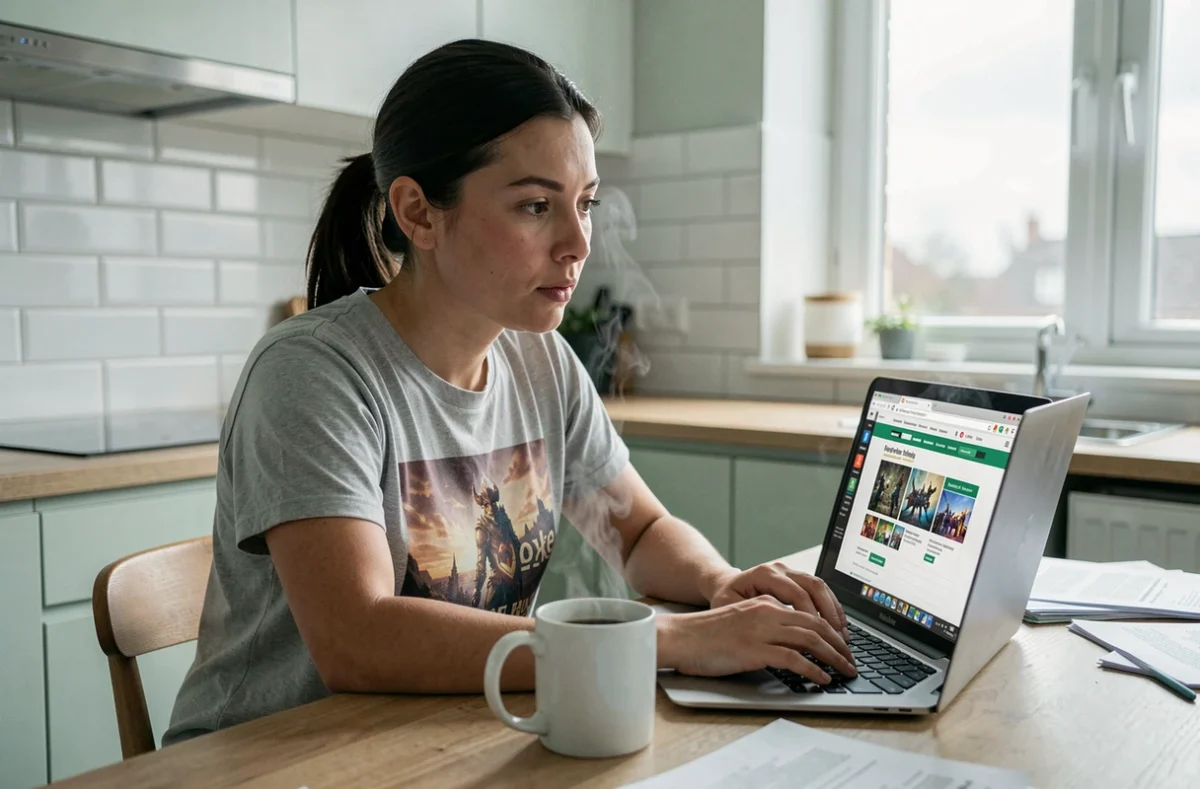 Joueuse utilisant un outil web de suivi de portails Dofus sur son laptop dans une cuisine moderne