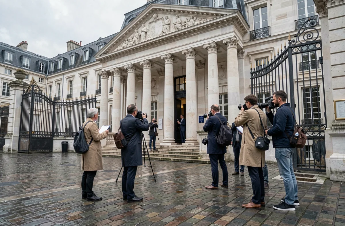 Journalistes devant un bâtiment institutionnel français illustrant l'activation de l'article 16 de la Constitution en situation de crise