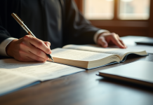 Main d'un juge tenant un livre de droit ouvert en salle d'audience