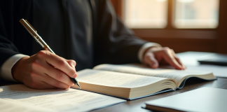 Main d'un juge tenant un livre de droit ouvert en salle d'audience