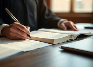 Main d'un juge tenant un livre de droit ouvert en salle d'audience