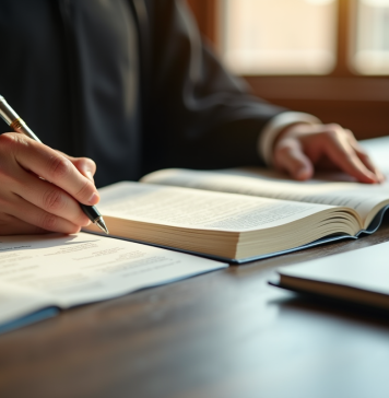 Main d'un juge tenant un livre de droit ouvert en salle d'audience